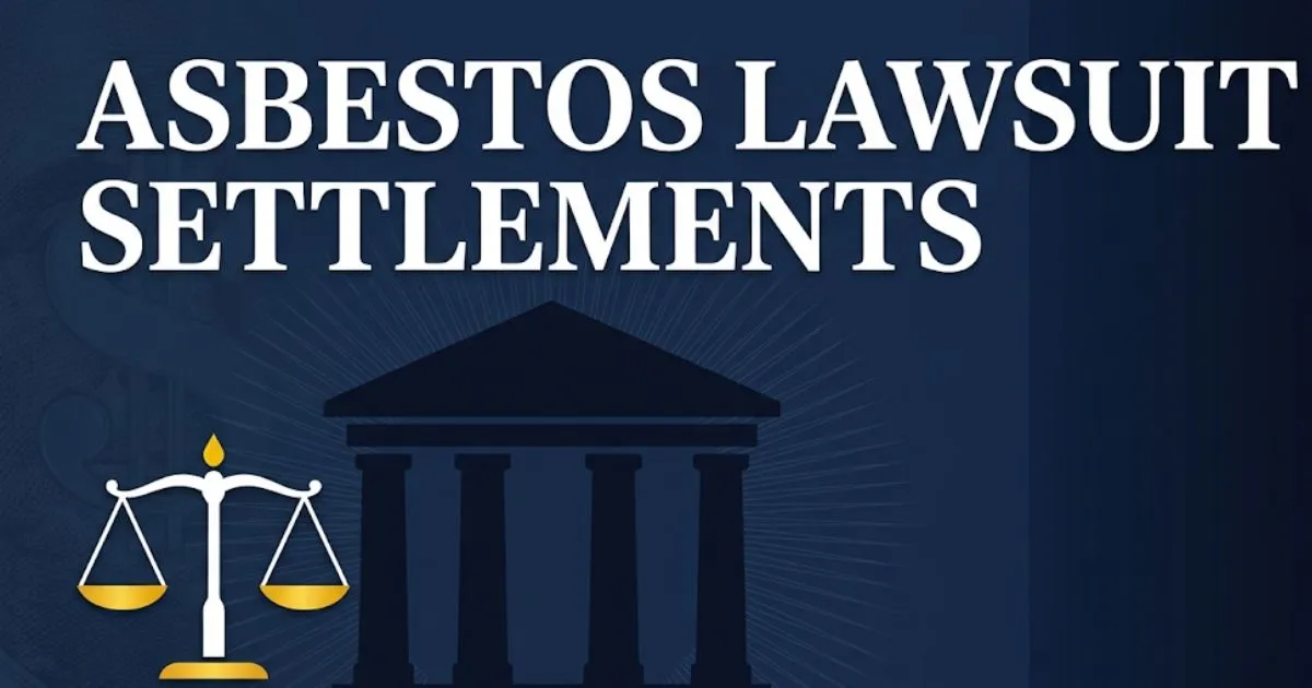 Asbestos lawsuit settlements 2026 guide with courthouse and scales of justice graphic