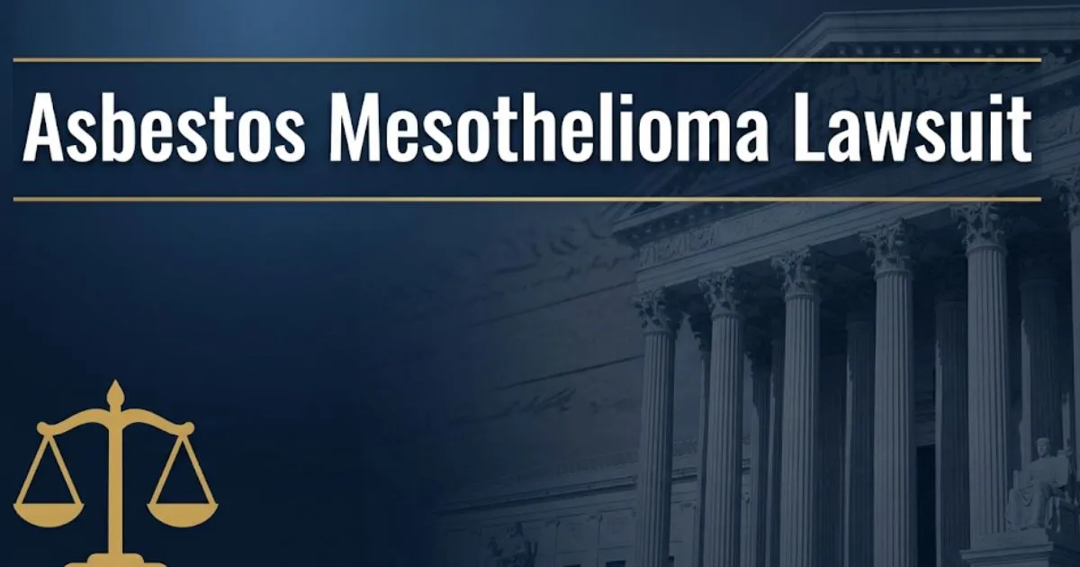 Asbestos mesothelioma lawsuit 2026 guide banner with courthouse silhouette and justice scale on navy background