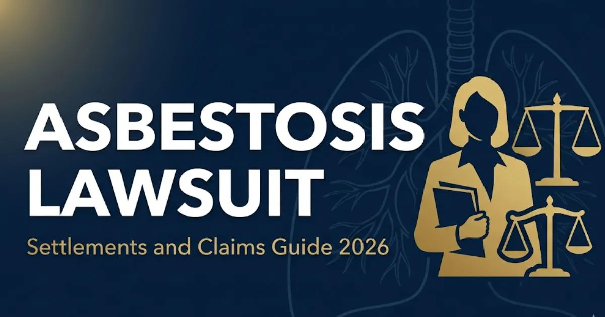 Asbestosis lawsuit guide 2026 hero banner showing legal scales and settlement information in navy and gold