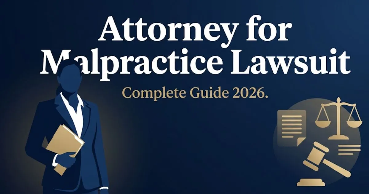 Attorney for malpractice lawsuit guide 2026 with legal scales and silhouette on navy background