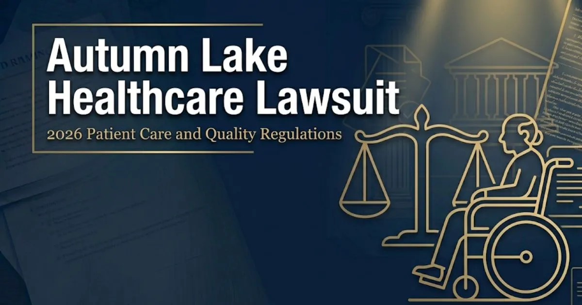 Autumn Lake Healthcare Lawsuit hero banner with legal gavel silhouette and wheelchair figure on navy background