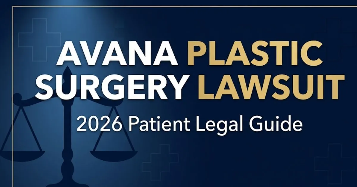 Avana plastic surgery lawsuit 2026 legal guide banner with scales of justice on navy background