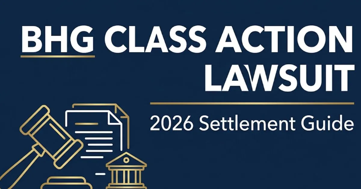 BHG class action lawsuit 2026 legal banner with gavel icon and settlement guide headline on navy background