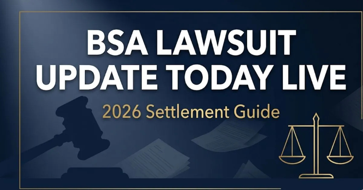 BSA lawsuit update today live 2026 guide banner with gavel and scales of justice on navy background