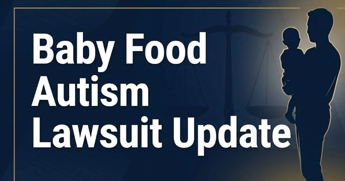 Baby food autism lawsuit update 2026 banner showing legal scales, parent silhouette, and bold headline text on navy background