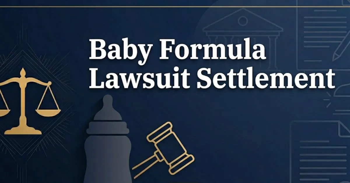 Baby formula lawsuit settlement 2026 guide with legal symbols and bottle silhouette on navy background