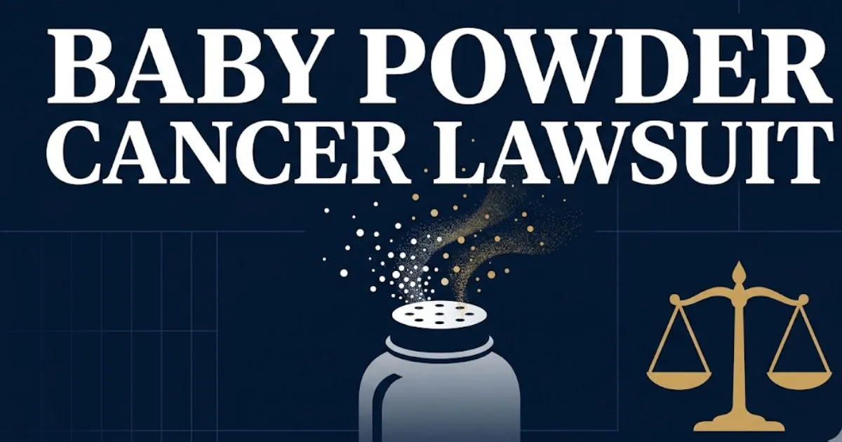 Baby powder cancer lawsuit 2026 guide with legal scale and talcum powder bottle graphic
