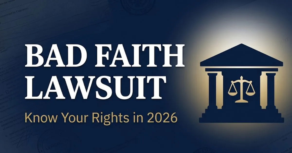 Bad faith lawsuit rights guide 2026 with courthouse silhouette and scales of justice on navy background