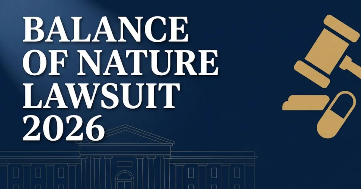 Balance of Nature Lawsuit 2026 editorial banner with gavel and supplement capsule icons on navy background