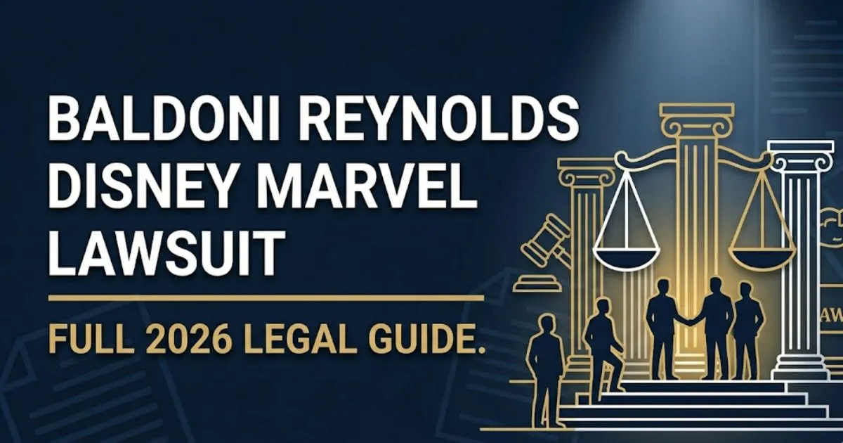Baldoni Reynolds Disney Marvel Lawsuit 2026 legal guide banner with courthouse silhouette and gold scale icons