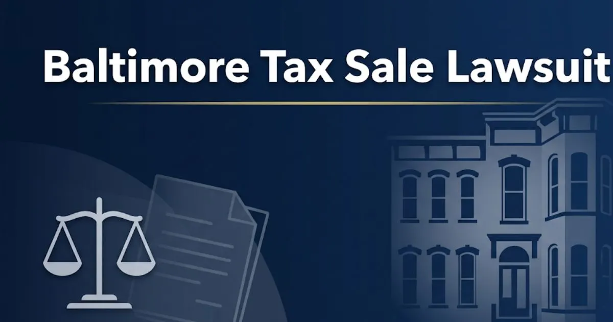Baltimore tax sale lawsuit blog banner with row house silhouette, scales of justice, and navy and gold design