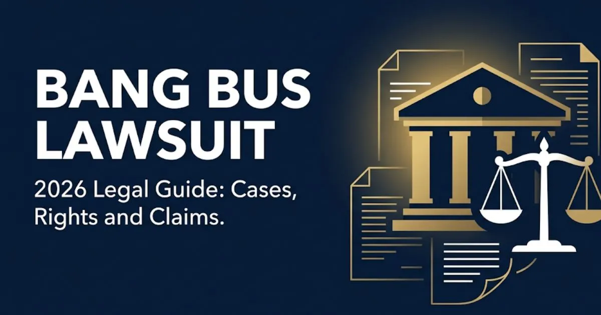 Bang Bus lawsuit 2026 legal guide banner with courthouse silhouette, scales of justice, and bold headline text on navy background.