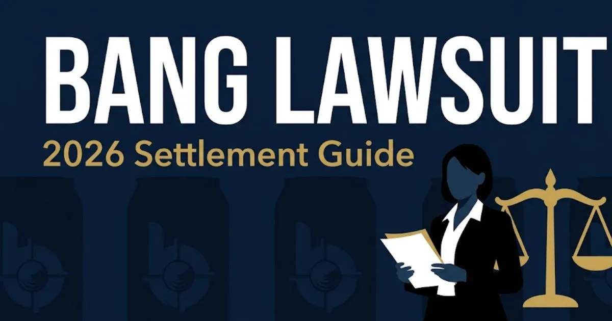 Bang lawsuit 2026 settlement guide banner with legal scales and claimant silhouette on navy background