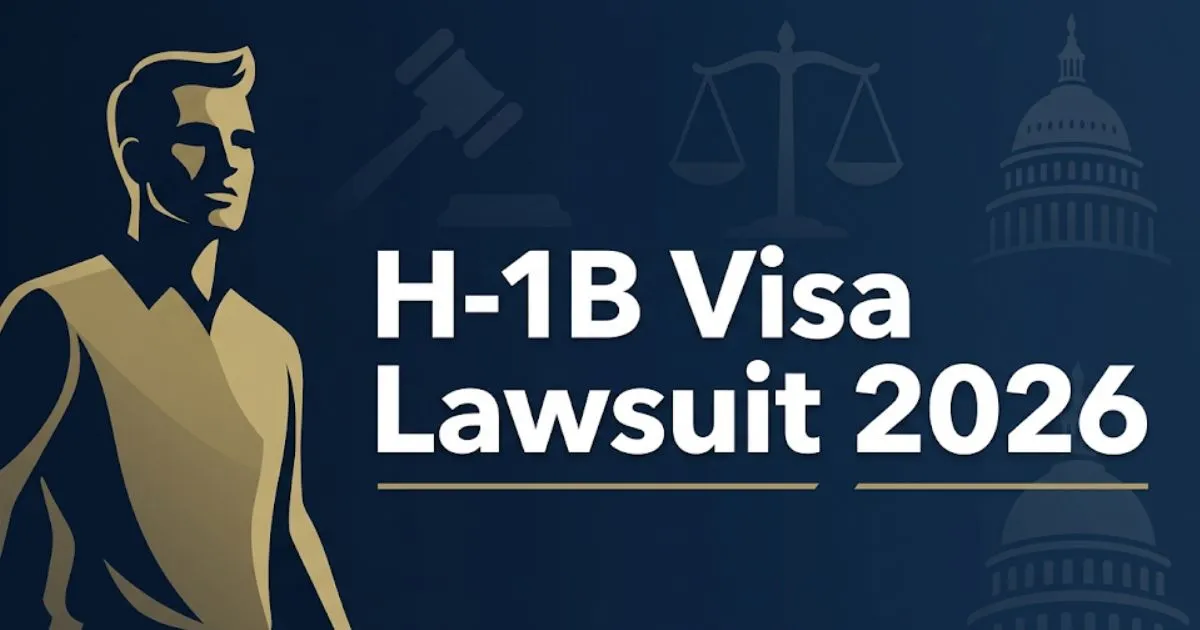 Banner image with H-1B Visa Lawsuit 2026 title text over a navy legal-themed background with gavel and justice scales icons.