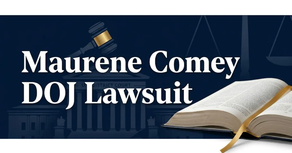 Banner image with Maurene Comey DOJ Lawsuit headline text over a navy background with legal symbols including a gavel and courthouse silhouette.