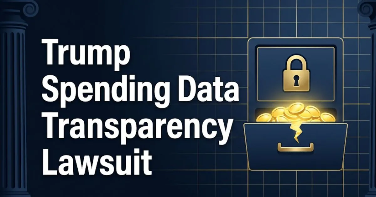 Banner reading Trump Spending Data Transparency Lawsuit with stylized government database visuals and legal symbols on a navy background.