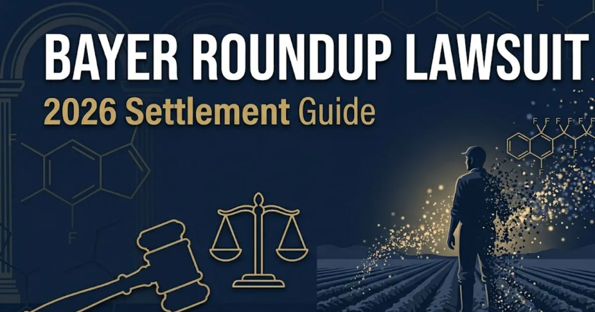 Bayer Roundup lawsuit 2026 settlement guide banner with legal icons and silhouette in navy and gold