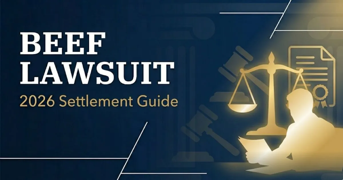 Beef lawsuit 2026 settlement guide banner with scales of justice and navy legal editorial design
