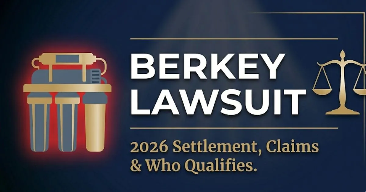 Berkey lawsuit 2026 banner showing water filter silhouette and scales of justice on navy background