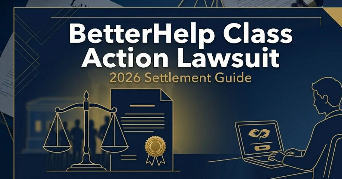 BetterHelp class action lawsuit 2026 settlement guide hero banner with legal scale icons and navy background