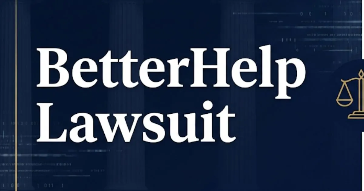 BetterHelp lawsuit hero banner showing settlement details and legal scales on navy background INPUT MAIN KEYWORD {{betterhelp lawsuit}} CLUSTER KEYWORDS {{what is the lawsuit against betterh