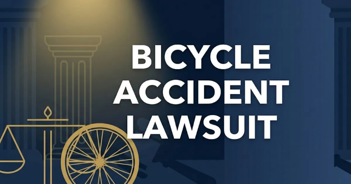 Bicycle accident lawsuit 2026 guide banner showing bicycle silhouette and legal symbols on navy background