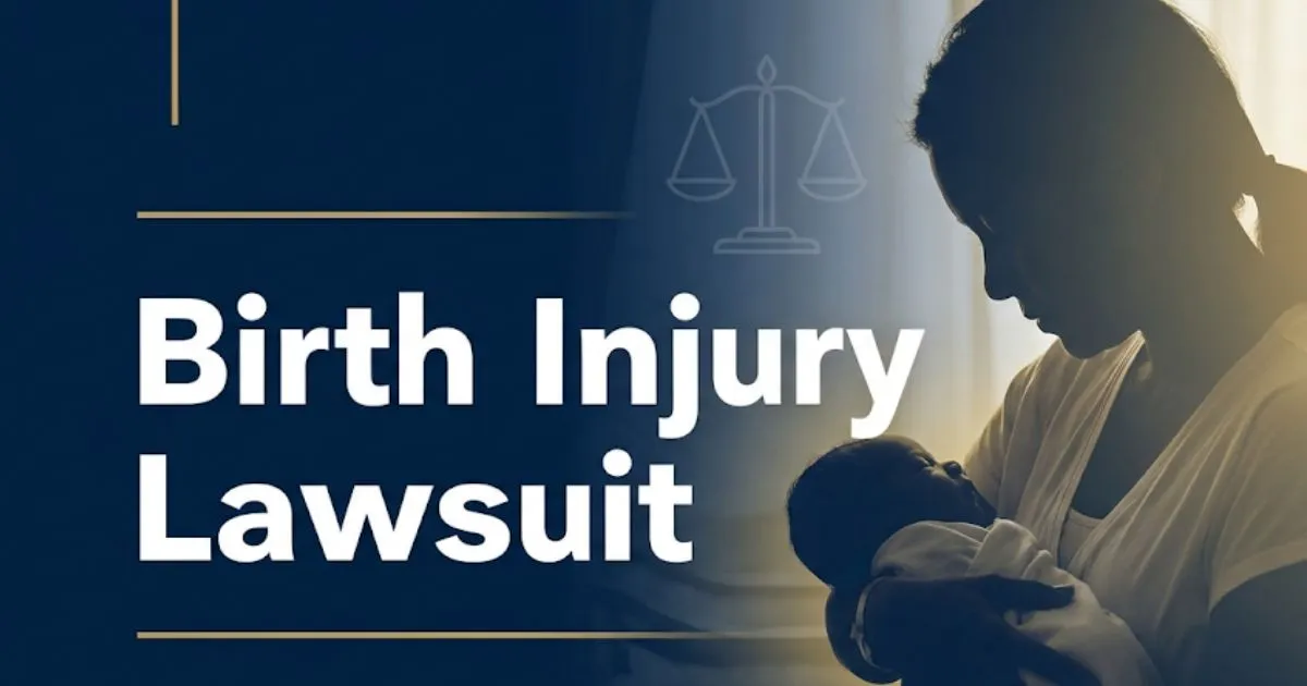 Birth injury lawsuit guide banner showing parent silhouette and legal scale on navy background with bold title text
