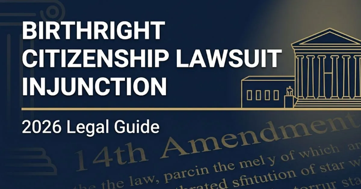 Birthright citizenship lawsuit injunction 2026 legal guide banner with Supreme Court silhouette and 14th Amendment text