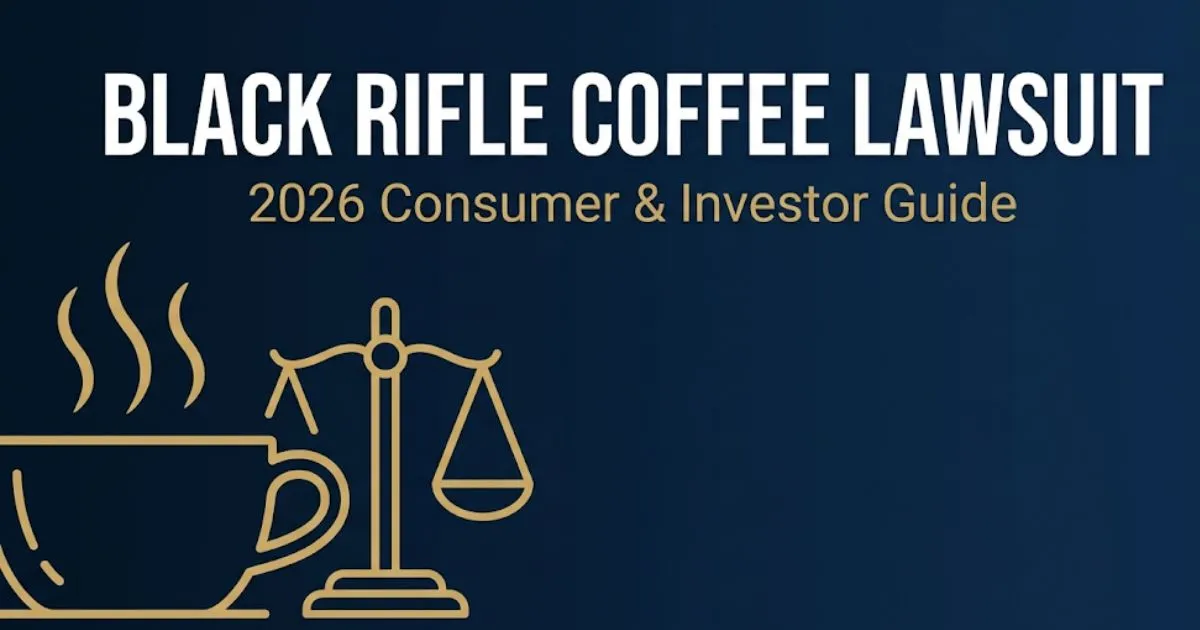 Black Rifle Coffee Lawsuit 2026 hero banner with legal scales and coffee cup icons on navy background