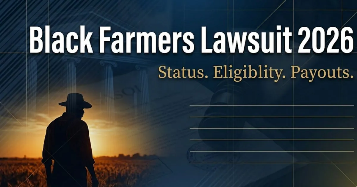 Black farmers lawsuit 2026 legal banner showing farmer silhouette, USDA reference, and bold headline text on navy background