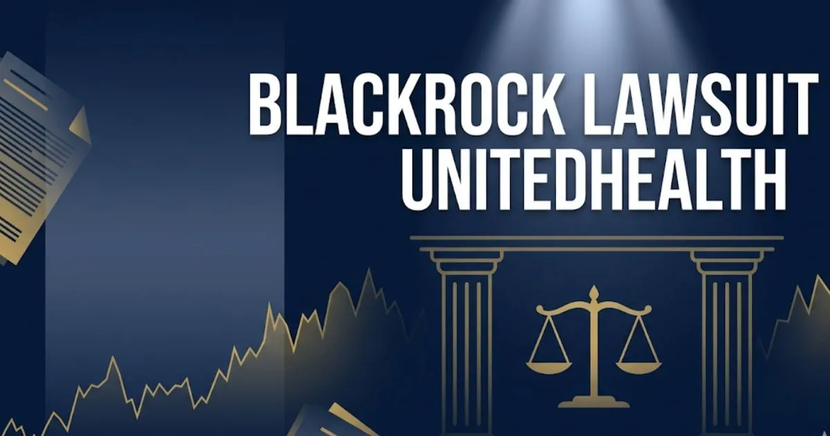 BlackRock lawsuit UnitedHealth 2026 guide banner with legal scales and courthouse icons on navy background
