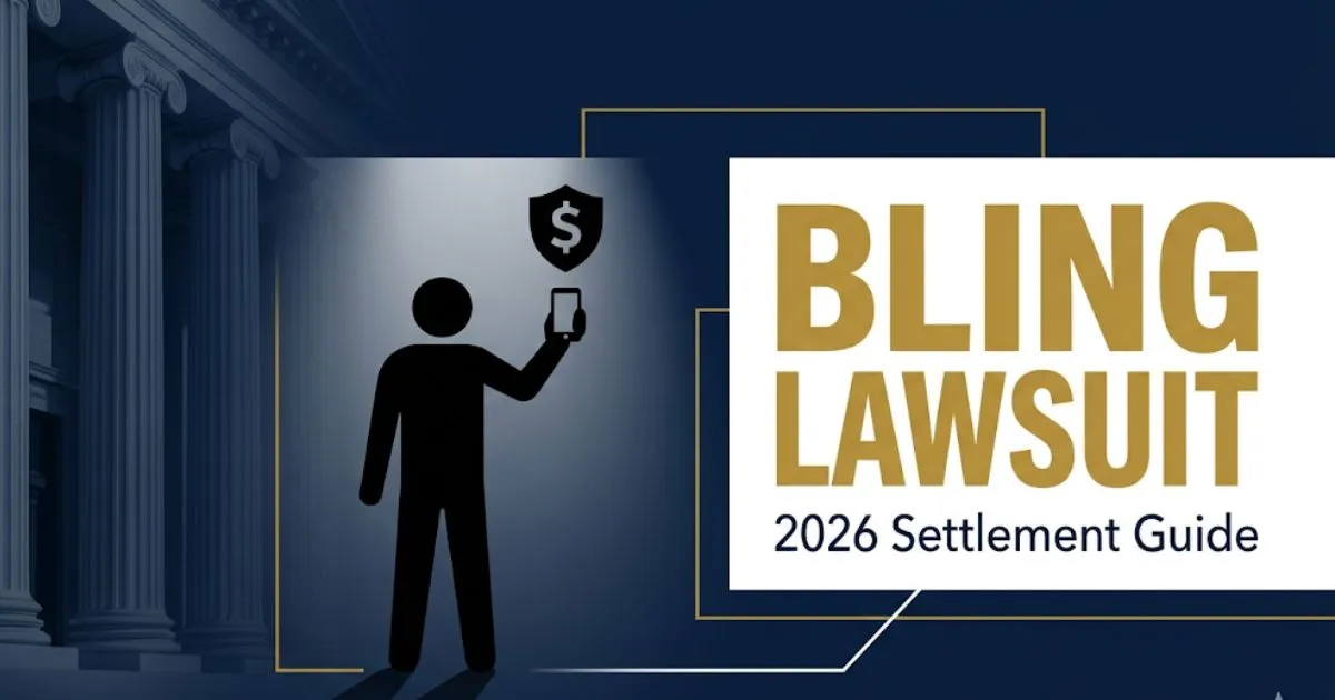 Bling lawsuit 2026 settlement guide banner with courthouse silhouette, mobile app icon, and gold legal shield symbol