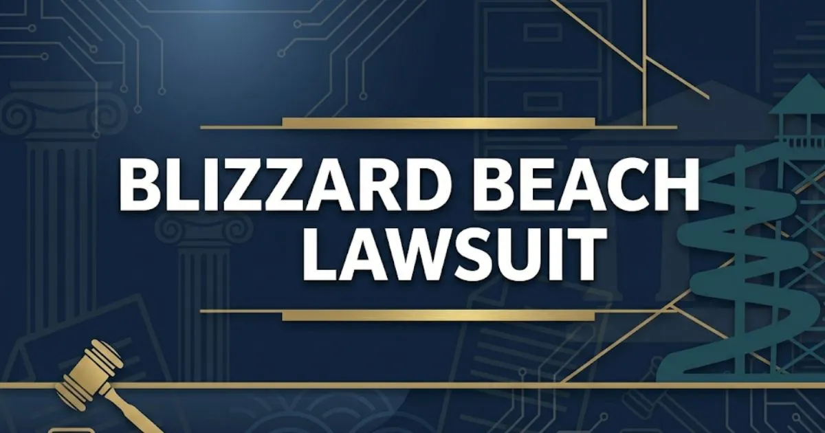 Blizzard Beach lawsuit 2026 hero banner with legal theme, water slide silhouette, and bold headline text on navy background
