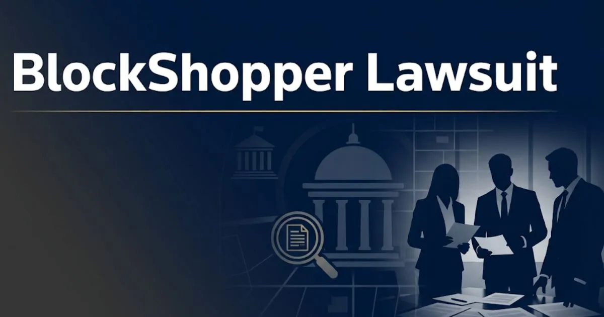 BlockShopper lawsuit 2026 banner showing legal symbols, courthouse silhouette, and bold headline text on navy background.