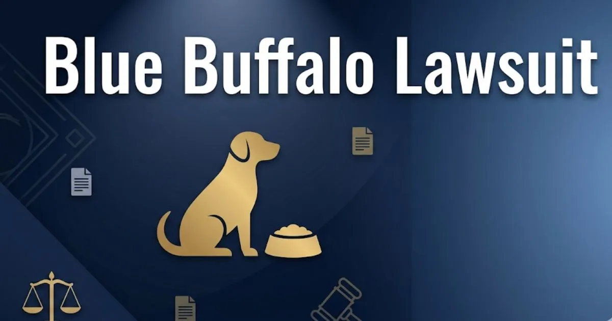 Blue Buffalo Lawsuit 2026 banner with legal symbols and pet silhouette in navy and gold design