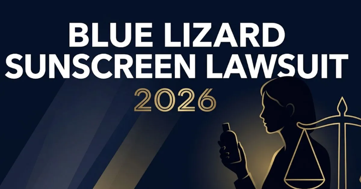 Blue Lizard Sunscreen Lawsuit 2026 legal banner with scales of justice and sunscreen bottle silhouette
