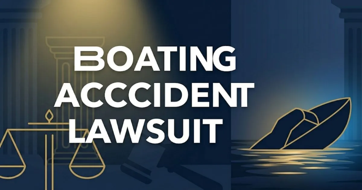 Boating accident lawsuit 2026 guide banner with gavel icon and capsized boat silhouette on dark water