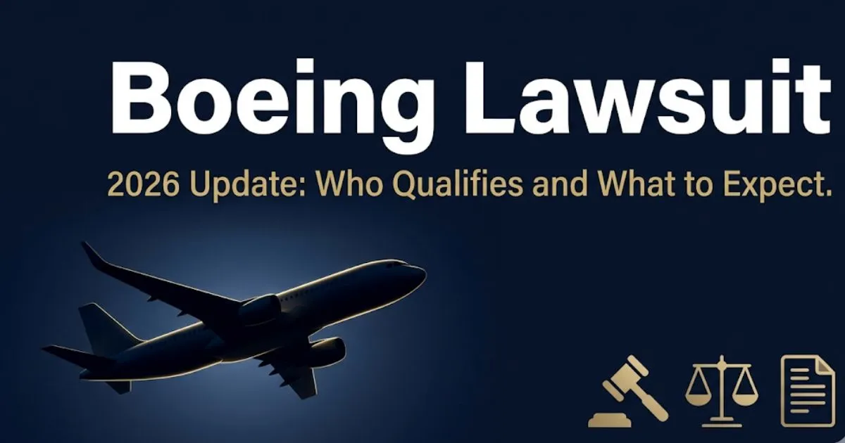 Boeing lawsuit 2026 legal banner showing airplane silhouette, gavel, and scales of justice on dark navy background