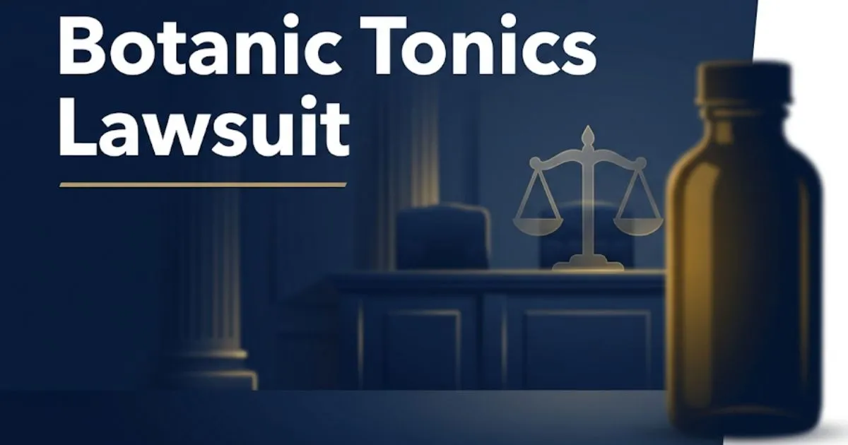 Botanic Tonics Lawsuit 2026 blog banner with legal scales and tonic bottle silhouette on navy background