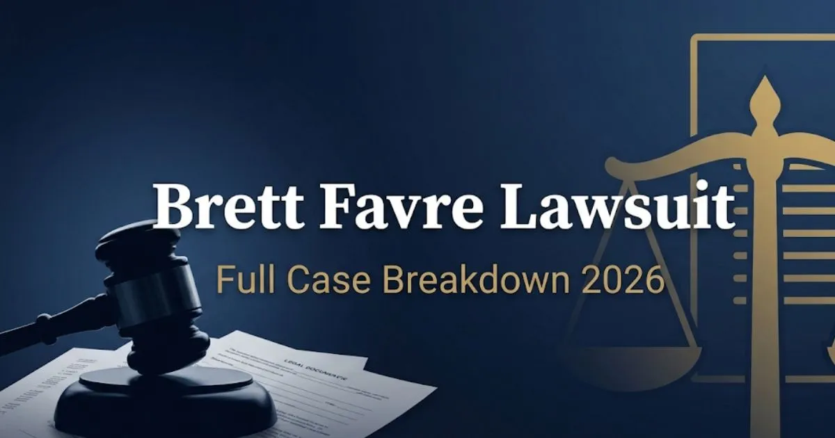 Brett Favre lawsuit 2026 case breakdown banner with gavel and scales of justice on navy background