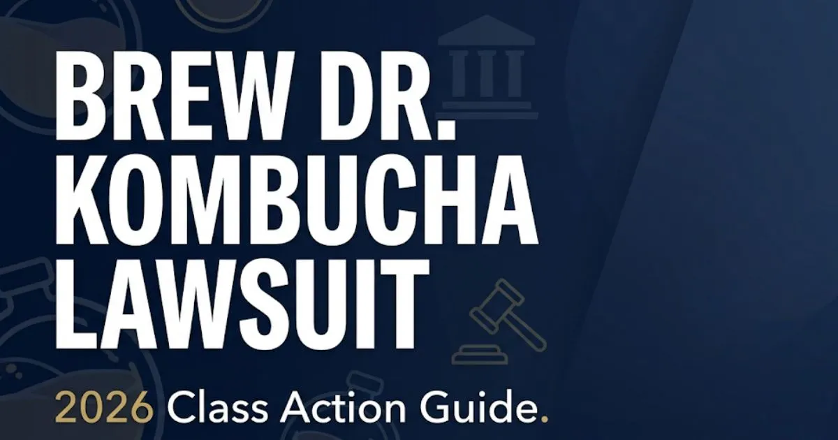 Brew Dr. Kombucha Lawsuit 2026 class action guide banner with legal gavel and courthouse icons on navy background