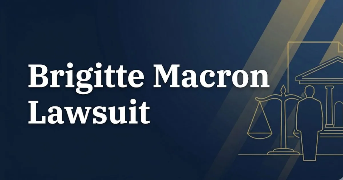 Brigitte Macron lawsuit 2026 case breakdown banner with legal scales of justice and navy blue editorial design