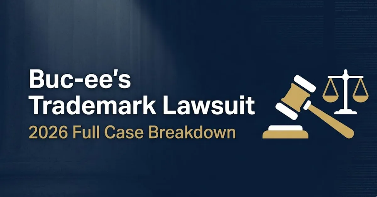 Buc-ee's trademark lawsuit 2026 full case breakdown banner with gavel and legal scale icons on navy background