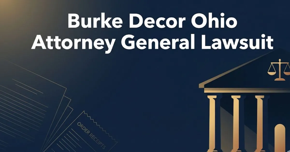 Burke Decor Ohio attorney general lawsuit banner with courthouse silhouette and gold legal symbols on navy background
