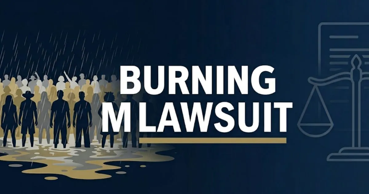 Burning Man lawsuit 2026 blog banner showing crowd silhouettes in flood conditions with legal scales icon on navy background