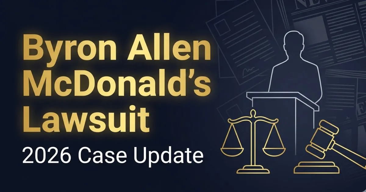 Byron Allen McDonald's lawsuit 2026 case update banner with legal scale icons and gold text on navy background