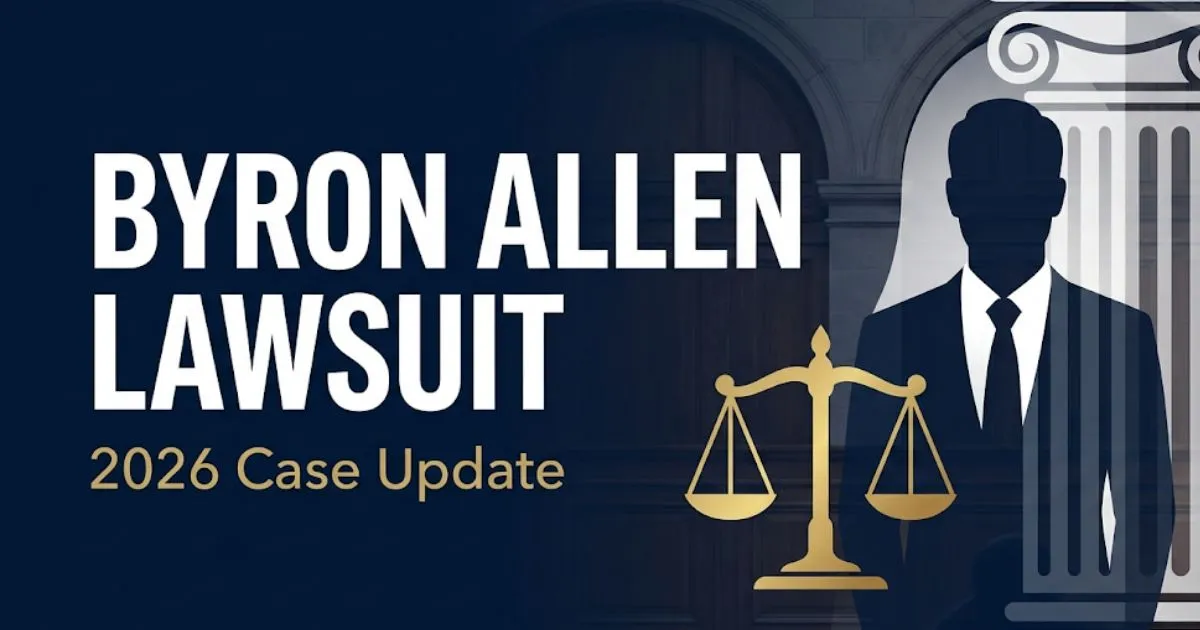 Byron Allen lawsuit 2026 legal case update banner with courthouse silhouette and scales of justice on navy background