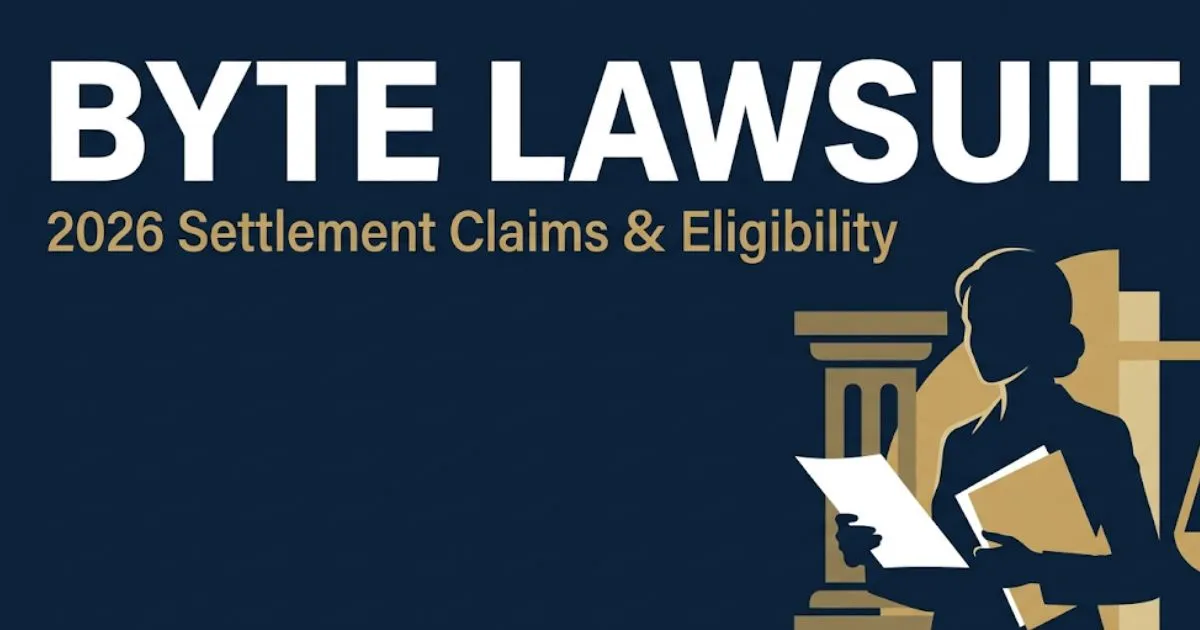 Byte lawsuit 2026 hero banner showing settlement claims and eligibility information with legal-themed design