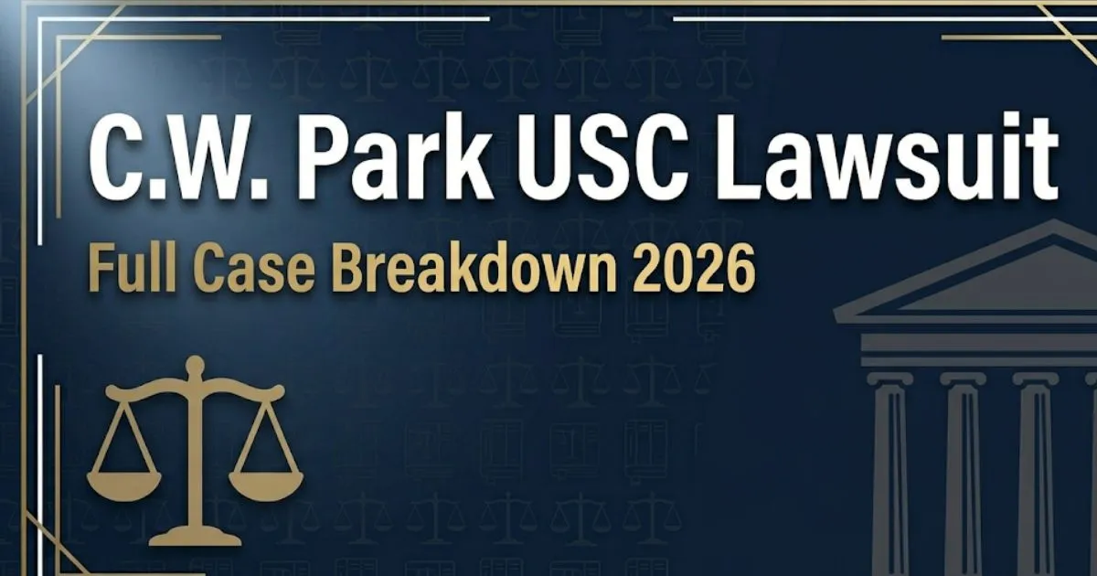 C.W. Park USC Lawsuit 2026 legal case breakdown banner with courthouse silhouette and scales of justice