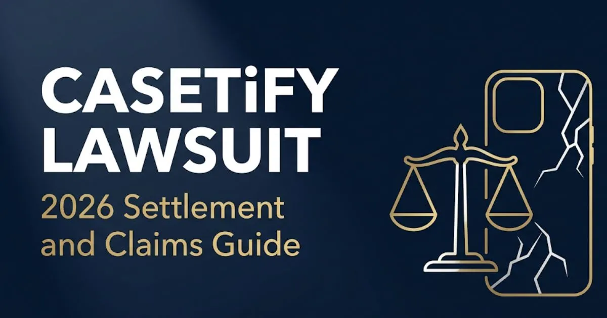 CASETiFY lawsuit 2026 settlement and claims guide banner with legal scale icon on navy background